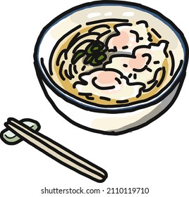 Illustration of wonton noodles served in a bowl. Comes with chopsticks.