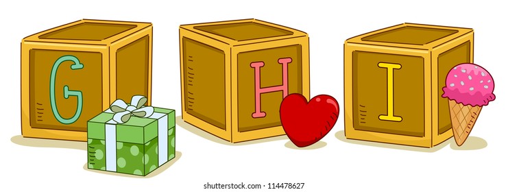 Illustration of Wood Blocks with the Letters GHI Printed on Them