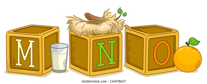 Illustration of Wood Blocks with the Letters MNO Printed on Them