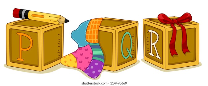 Illustration of Wood Blocks with the Letters PQR Printed on Them