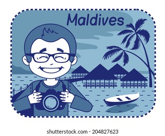 Illustration with wood bungalows in Maldives. Vector illustration