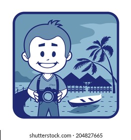 Illustration with wood bungalows in Maldives. Vector illustration