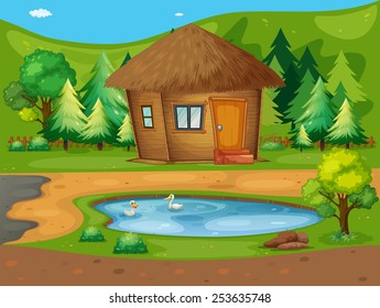Illustration of a wood cabin by the pond