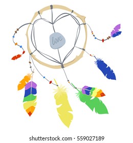 illustration of wood dreamcatcher with rainbow feathers and beads