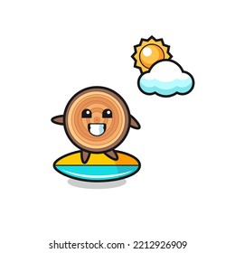 Illustration of wood grain cartoon do surfing on the beach , cute design