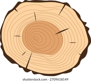 Ilustración de una sección transversal de tronco de madera con anillos visibles y grietas.