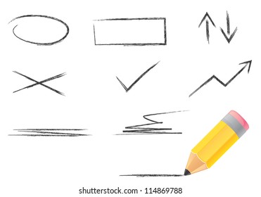 Illustration of wood pencil and line icons set. Isolation set.