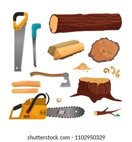 The illustration of wood and tools for cutting wood. Saws, ax, chainsaw