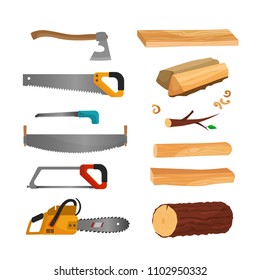 
The illustration of wood and tools for cutting wood. Saws, ax, chainsaw