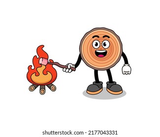 Illustration of wood trunk burning a marshmallow , character design