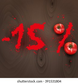 illustration of wood vector background with 2 tomatoes.Tomato.The 15% discount.Vector.