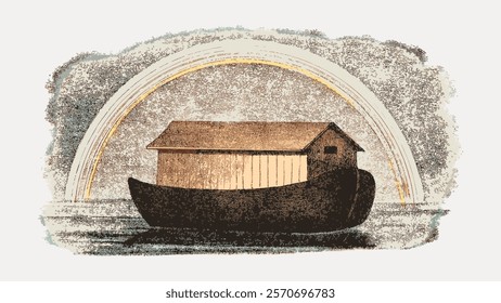 Illustration of a wooden ark under a rainbow. The ark floats on water, symbolizing safety. The rainbow arches over the ark, creating a serene scene. Vintage illustration isolated on white, vector.