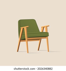 illustration of a wooden arm chair with green seat and back