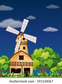 Illustration of a wooden barnhouse in the middle of the forest