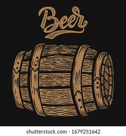 Illustration of wooden barrel of beer in engraving style. Design element for logo, label, sign, poster, t shirt. Vector illustration