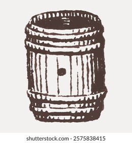 Illustration of a wooden barrel. The barrel is brown, with a rustic, vintage look. The wooden barrel is depicted with detailed lines and shading. Vintage illustration isolated on white, vector.