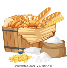 Illustration of a wooden barrel filled with flour, representing bakery pasta and carbs