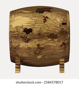 Illustration of a wooden barrel with grapevine design. The barrel features grapevine artwork, emphasizing nature and rustic charm. Decorative wooden barrel. Vintage Japanese illustration vector.