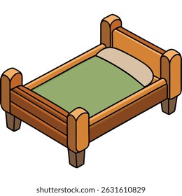 Illustration of a wooden bed with purple mattress isolated on transparent background