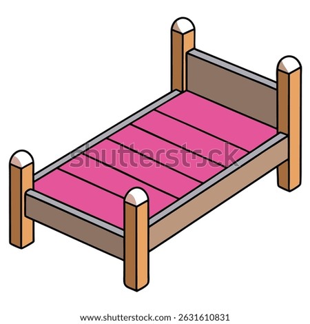 Illustration of a wooden bed with purple mattress isolated on transparent background