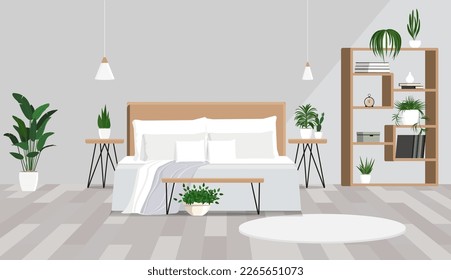 Illustration of a wooden bed with white pillows in a minimal bedroom interior with plants and a round rug.