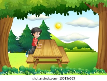 Illustration of a wooden bench with a young boy at the forest