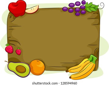 Illustration of a Wooden Board Surrounded by Fruits