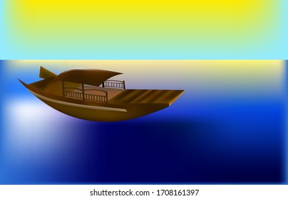 illustration of a wooden boat, with a canopy, on the water, sky, sunlight, rays on the water