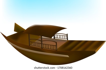 illustration of a wooden boat, with a canopy, a small fence, on a white background