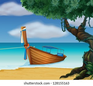 Illustration of a wooden boat at the seashore