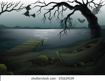 Illustration of a wooden boat under the tree