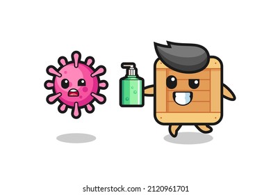 illustration of wooden box character chasing evil virus with hand sanitizer , cute style design for t shirt, sticker, logo element