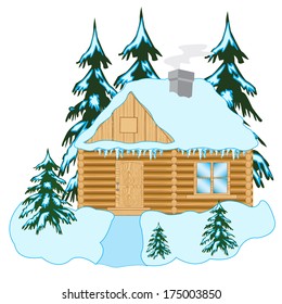 Illustration of the wooden building in wood in winter