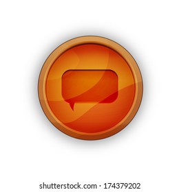 the illustration of wooden button with speech bubble pictogram / the button with chat icon / the communication symbol  