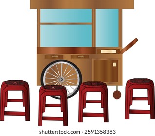 The Illustration of Wooden cart or grobak of street vendor with chair from Indonesia.