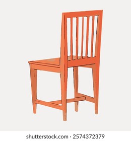 Illustration of a wooden chair with a simple design. The chair features a straight backrest and four legs. Wooden chair with a classic look. Simple wooden chair. Vintage art vector element.