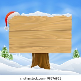 Illustration of wooden Christmas sign with snow and Santa hat hanging from it against a winter landscape.