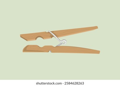 Illustration of a wooden clothespin on a light green background. The clothespin is open, showing its metal spring. Simple and minimalistic design of a clothespin. Aesthetic vector illustration.