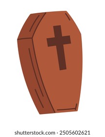 Illustration of a wooden coffin with a cross in a flat cartoon style, isolated on a white background. This vector illustration is perfect for Halloween designs, horror themes, and spooky decorations.