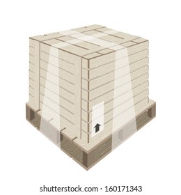 An Illustration Wooden Crate Or Cargo Box Wrapped In Plastic Shrink Wrap And Steel Banding On A Wooden Pallet, Preparing For Shipment. 