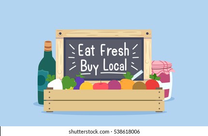 Illustration of a Wooden Crate Filled with Fresh Fruits and Vegetables Encouraging Buyers to Eat Fresh and Buy Local