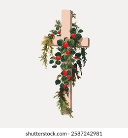 Illustration of a wooden cross adorned with green leaves and red berries. The cross is decorated with foliage, emphasizing a natural, serene theme. Vintage art illustration, vector.