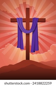 An illustration of wooden cross with purple sash on clouds background, for good friday, resurrection, easter, christianity theme. Biblical series
