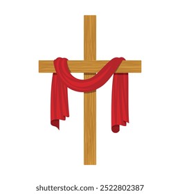 Illustration of a wooden cross with a red cloth thrown over the crossbar, Christian holiday symbol.