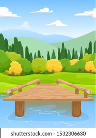 Illustration of a Wooden Dock by the Lake with Trees and Mountains