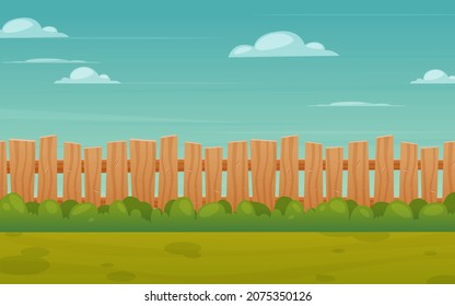 Illustration of wooden fence with blue sky and green grass