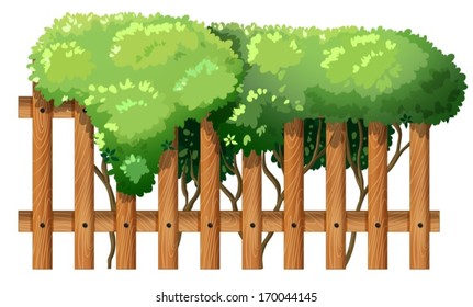 Illustration of a wooden fence with green plants on a white background