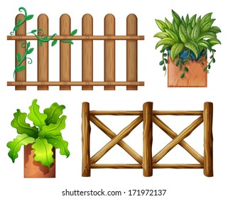 Illustration of the wooden fence and potted plants on a white background