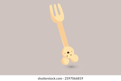 Illustration of a wooden fork, The handle extends into a cute character face with blushing cheeks and bunny like ears, bringing warmth and personality to a simple kitchen utensil.
