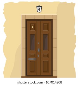 The illustration with an wooden front door and part of wall